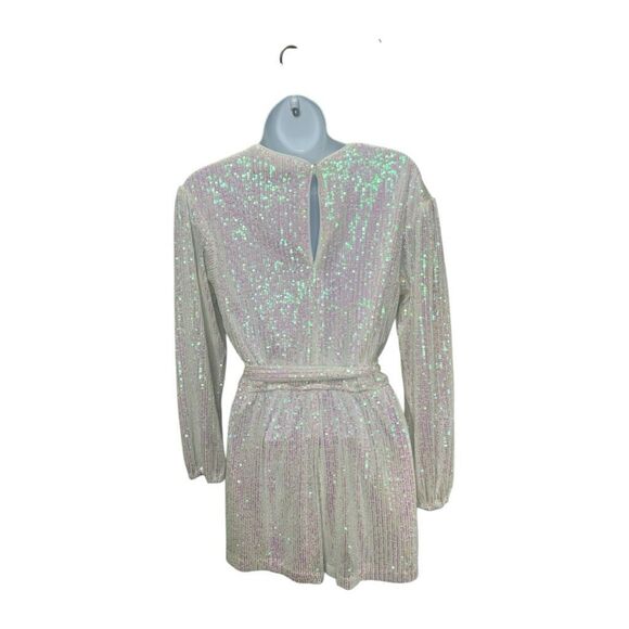 Crystal Sky White Sequin Iridescent Long Sleeve‎ Romper Sz Small - Picture 3 of 7